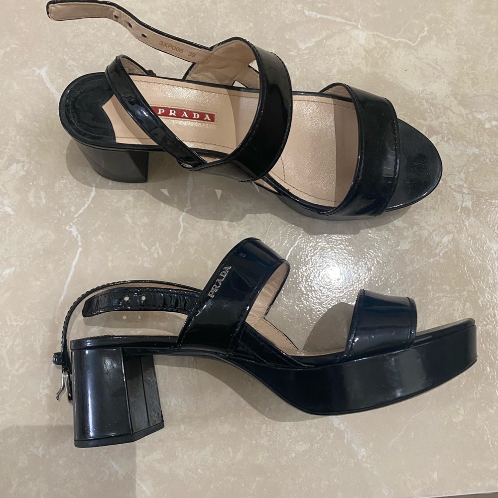 Prada Black Ankle Strap Patent Platform Sandals Size 39 (8.5)